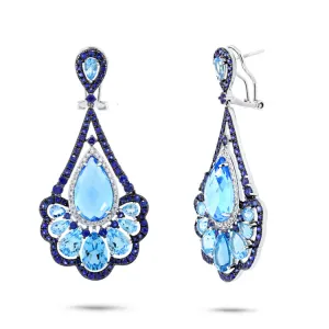 0.33ct Diamond & 20.93ct Blue Sapphire & Blue Topaz 14k White Gold Earring