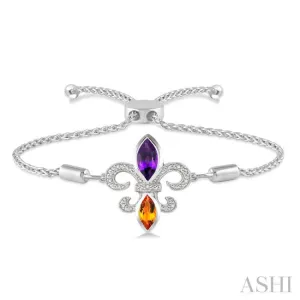 1/20 Ctw Marquise 10x5mm Amethyst & 8x4mm Citrine Round Diamond Fleur De Lis Sterling Silver Lariat Bracelet