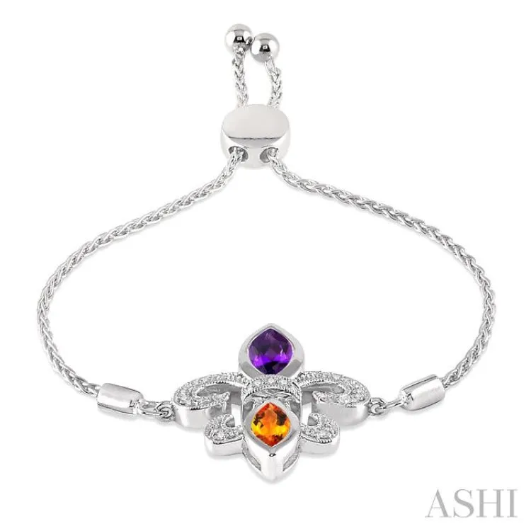 1/20 Ctw Marquise 10x5mm Amethyst & 8x4mm Citrine Round Diamond Fleur De Lis Sterling Silver Lariat Bracelet