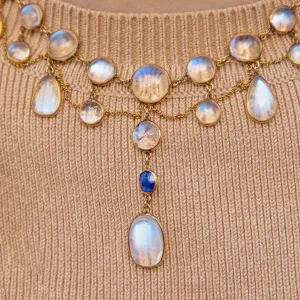 13.5" Victorian 18ct Gold Carved Ceylon Moonstone & Natural Sapphire Fringe Necklace