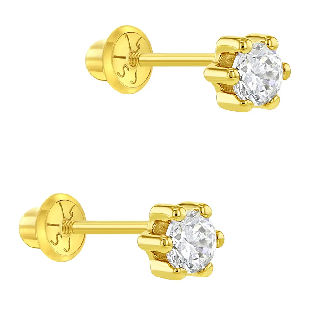 14k Gold 6 Prong CZ Solitaire Baby / Toddler / Kids Earrings Safety Screw Back