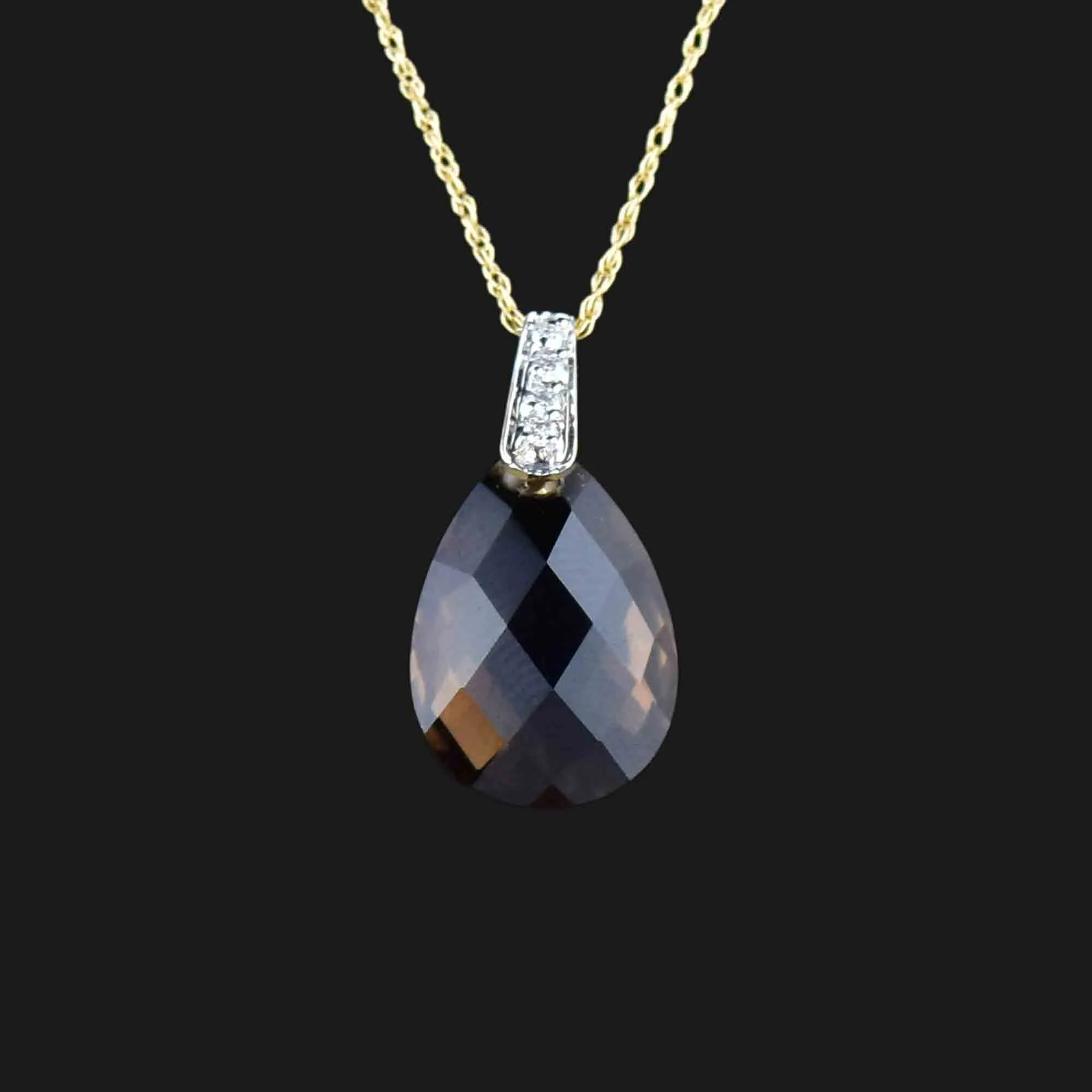 14K Gold Pear Cut Smoky Quartz Diamond Pendant Necklace