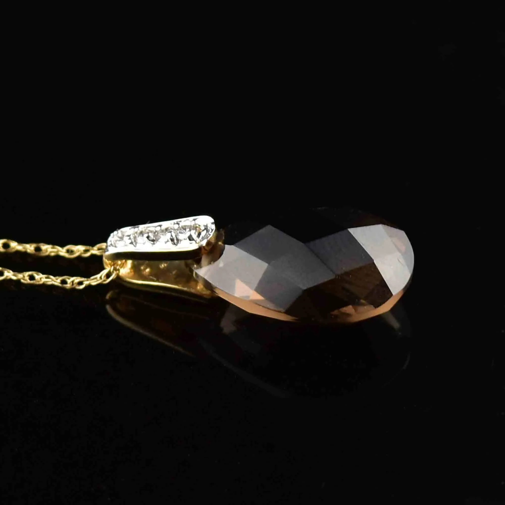 14K Gold Pear Cut Smoky Quartz Diamond Pendant Necklace