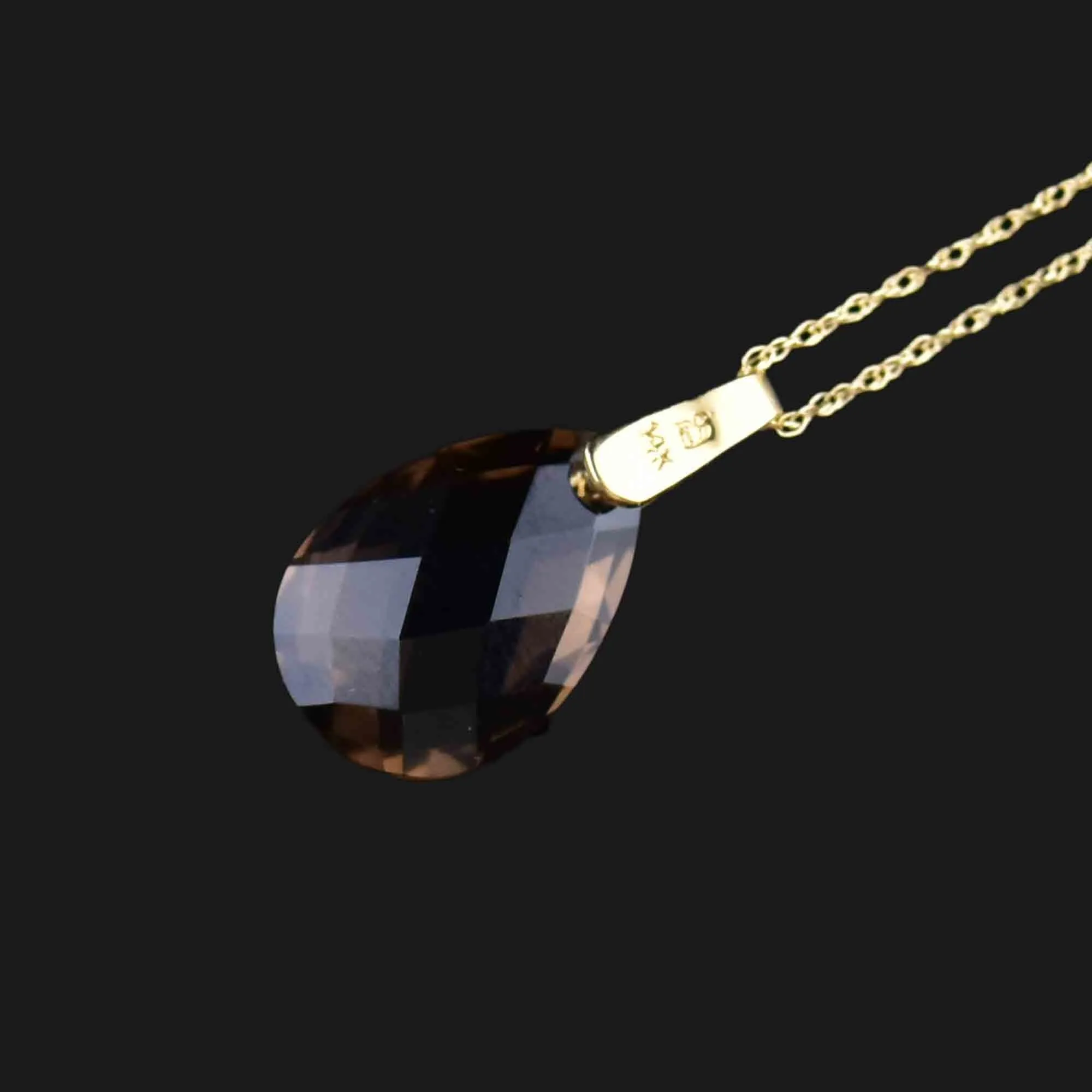 14K Gold Pear Cut Smoky Quartz Diamond Pendant Necklace