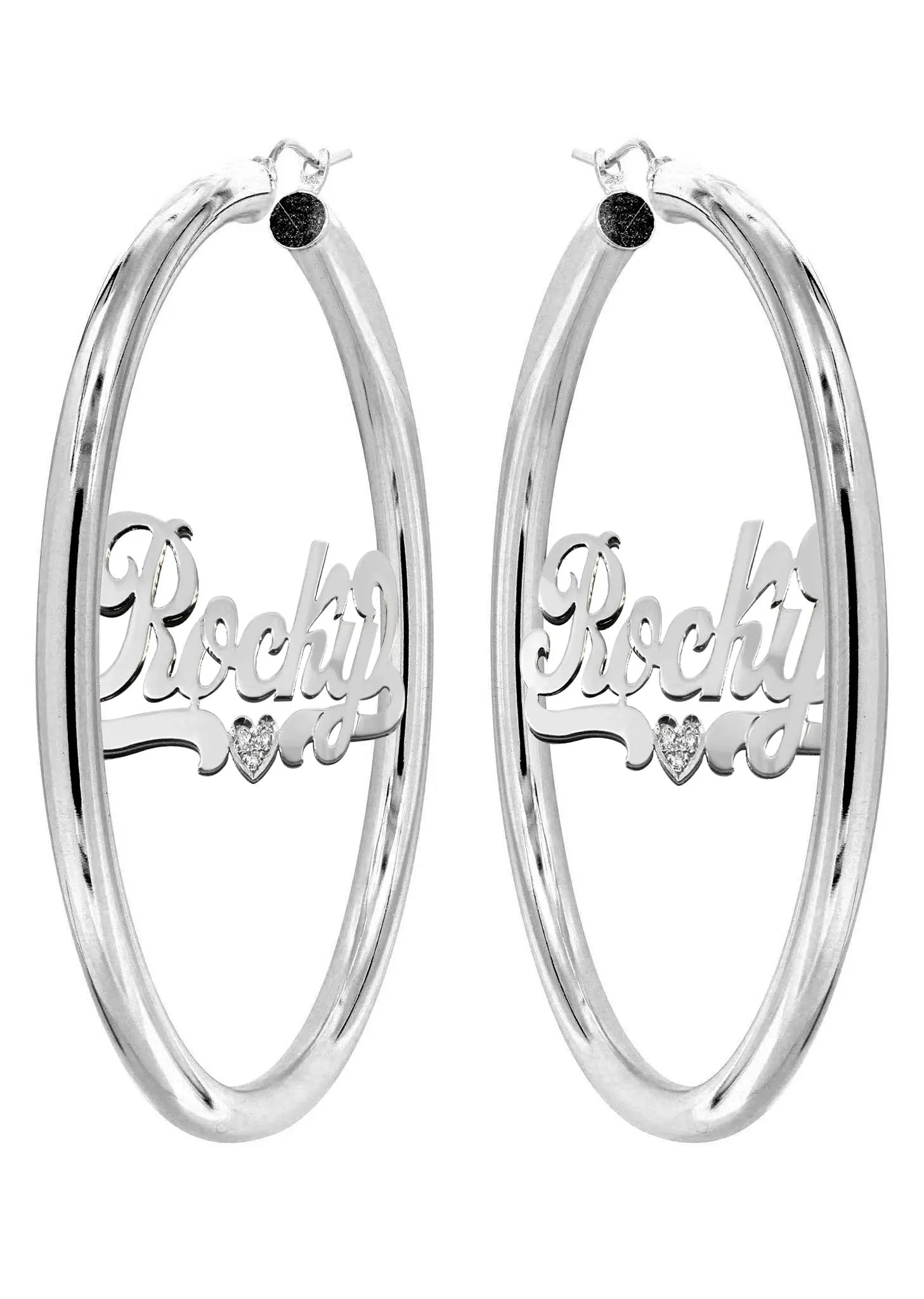 14K Ladies White Gold with Diamond Name Plate Hoop Earrings