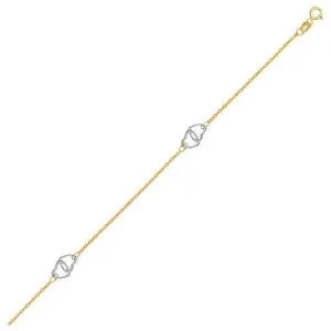 14k Two Tone Gold Entwined Heart Stationed Anklet, size 10''