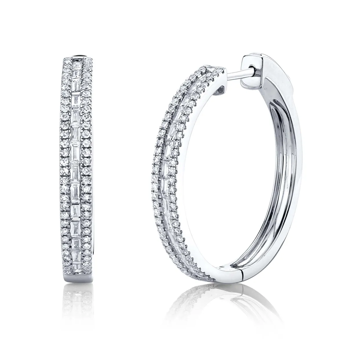 14K White Gold Baguette and Round Diamond Hoop Earrings