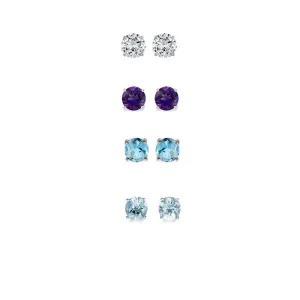 14k White Gold Plated 1/2Ct Created White Sapphire, Amethyst, Blue Topaz and Aquamarine 4 Pair Round Stud Earrings