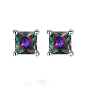 14k White Gold Plated 2 Carat Square Created Mystic Topaz Stud Earrings