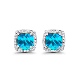 14k White Gold Plated 2 Ct Created Halo Princess Cut Blue Topaz Stud Earrings