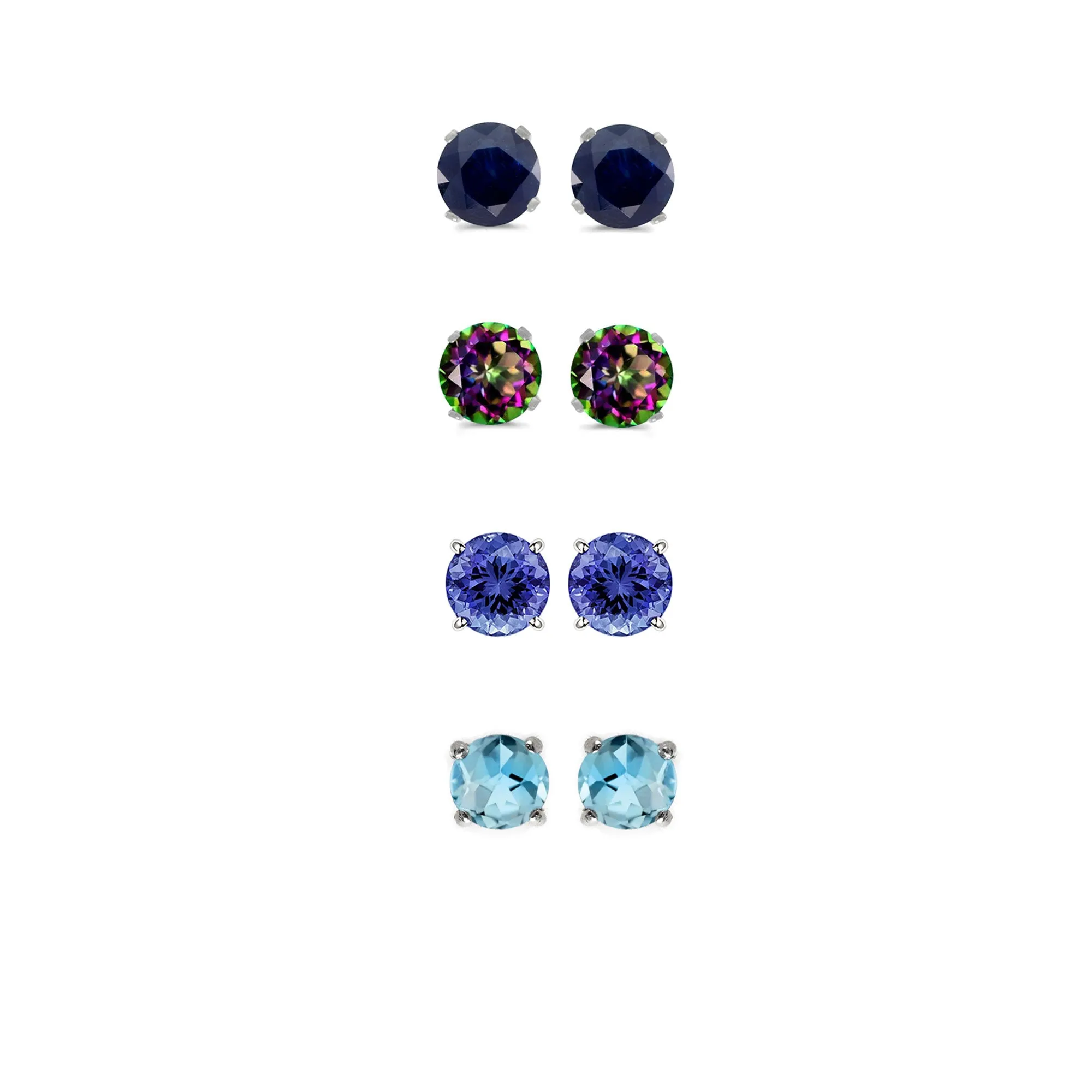 14k White Gold Plated 2Ct Created Black Sapphire, Mystic Topaz, Tanzanite and Blue Topaz 4 Pair Round Stud Earrings