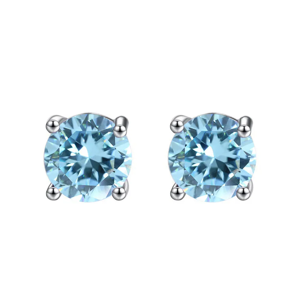 14k White Gold Plated Created Blue Topaz Round Stud Earrings 6mm