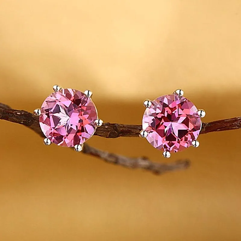 14K White Gold Stud 2.5 Ct Natural Pink Topaz Earrings 6 Claws Prong Classic MKE7007