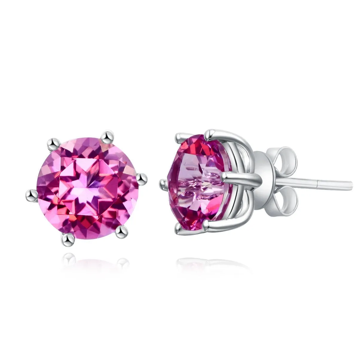 14K White Gold Stud 2.5 Ct Natural Pink Topaz Earrings 6 Claws Prong Classic MKE7007