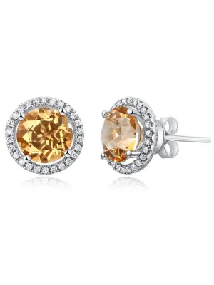 14K White Gold Stud Natural 2.5Ct Yellow Topaz Earrings Halo 0.285 Ct Diamonds