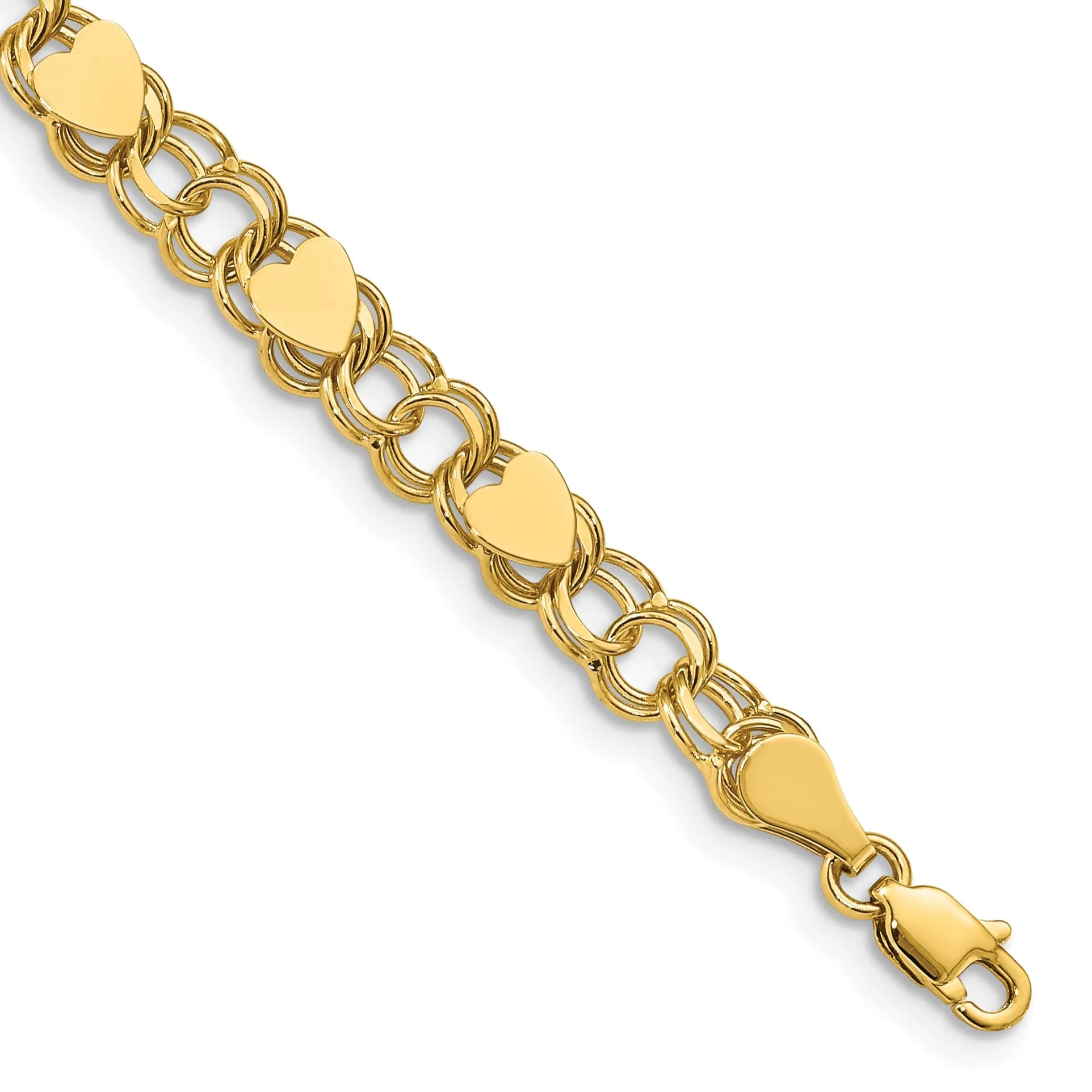 14K yellow gold Double Link Hearts Bracelet Solid 7-inch