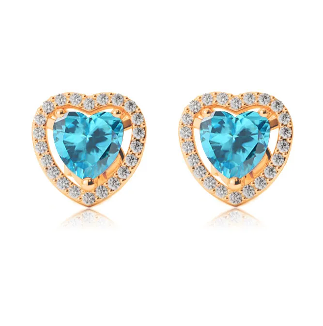 14k Yellow Gold Plated 2 Ct Created Halo Heart Blue Topaz Stud Earrings