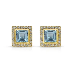 18K Gold, Blue Topaz and Diamond Pave Square SW Earrings