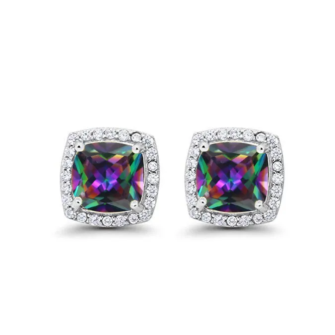 18k White Gold Plated 4 Ct Created Halo Princess Cut Mystic Topaz CZ Stud Earrings