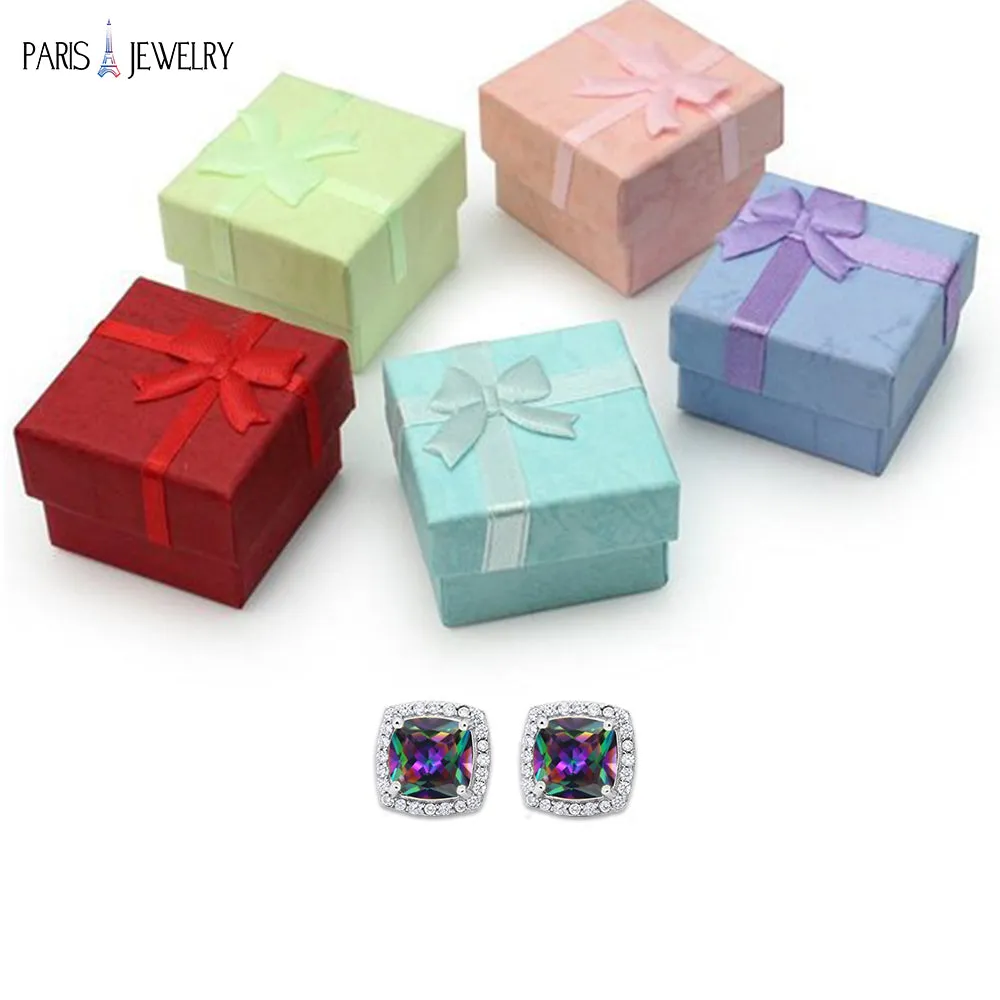 18k White Gold Plated 4 Ct Created Halo Princess Cut Mystic Topaz CZ Stud Earrings