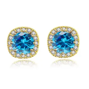 18k Yellow Gold Plated 1/4 Carat Created Halo Round Blue Topaz Stud Earrings 4mm