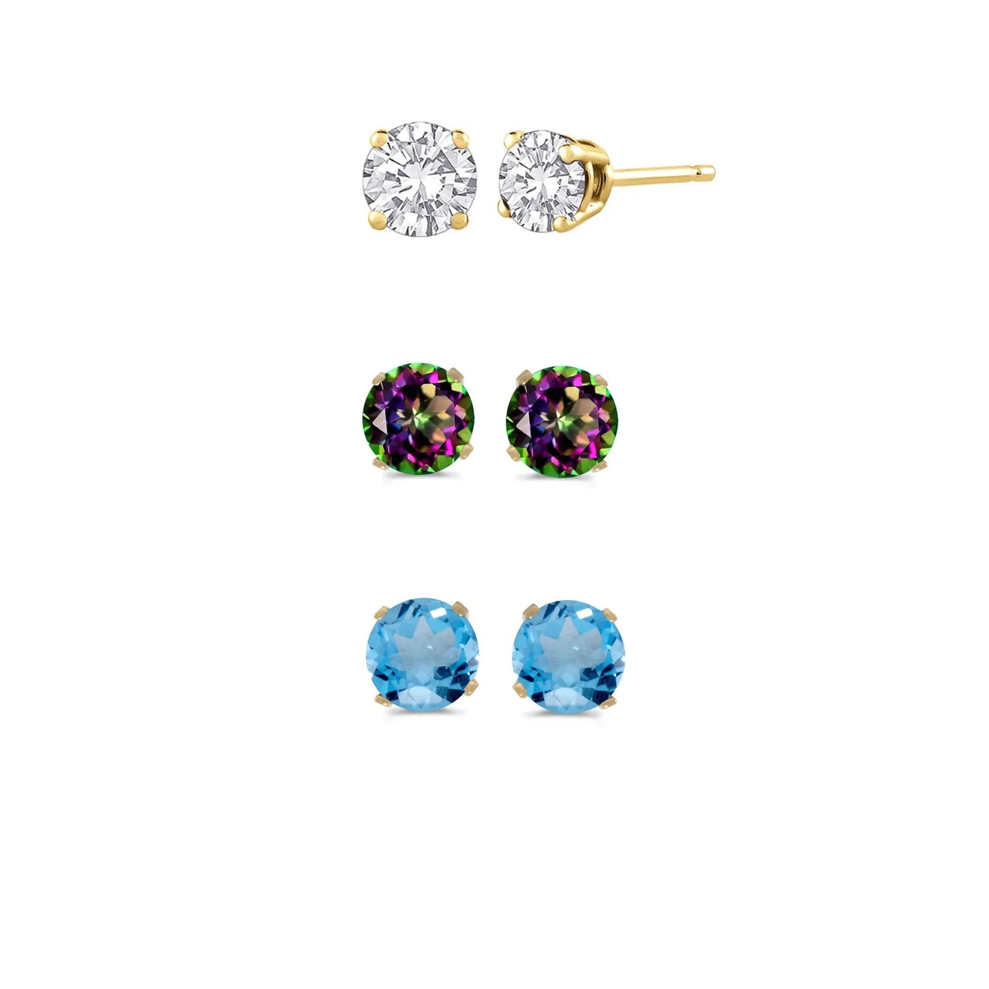 18k Yellow Gold Plated 1Ct Created White Sapphire, Mystic Topaz and Blue Topaz 3 Pair Round Stud Earrings