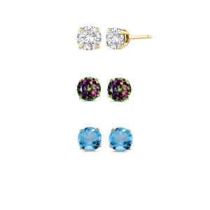 18k Yellow Gold Plated 1Ct Created White Sapphire, Mystic Topaz and Blue Topaz 3 Pair Round Stud Earrings