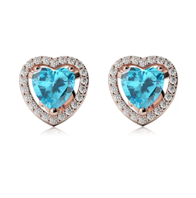 24k Rose Gold Plated 1 Ct Created Halo Heart Blue Topaz Stud Earrings