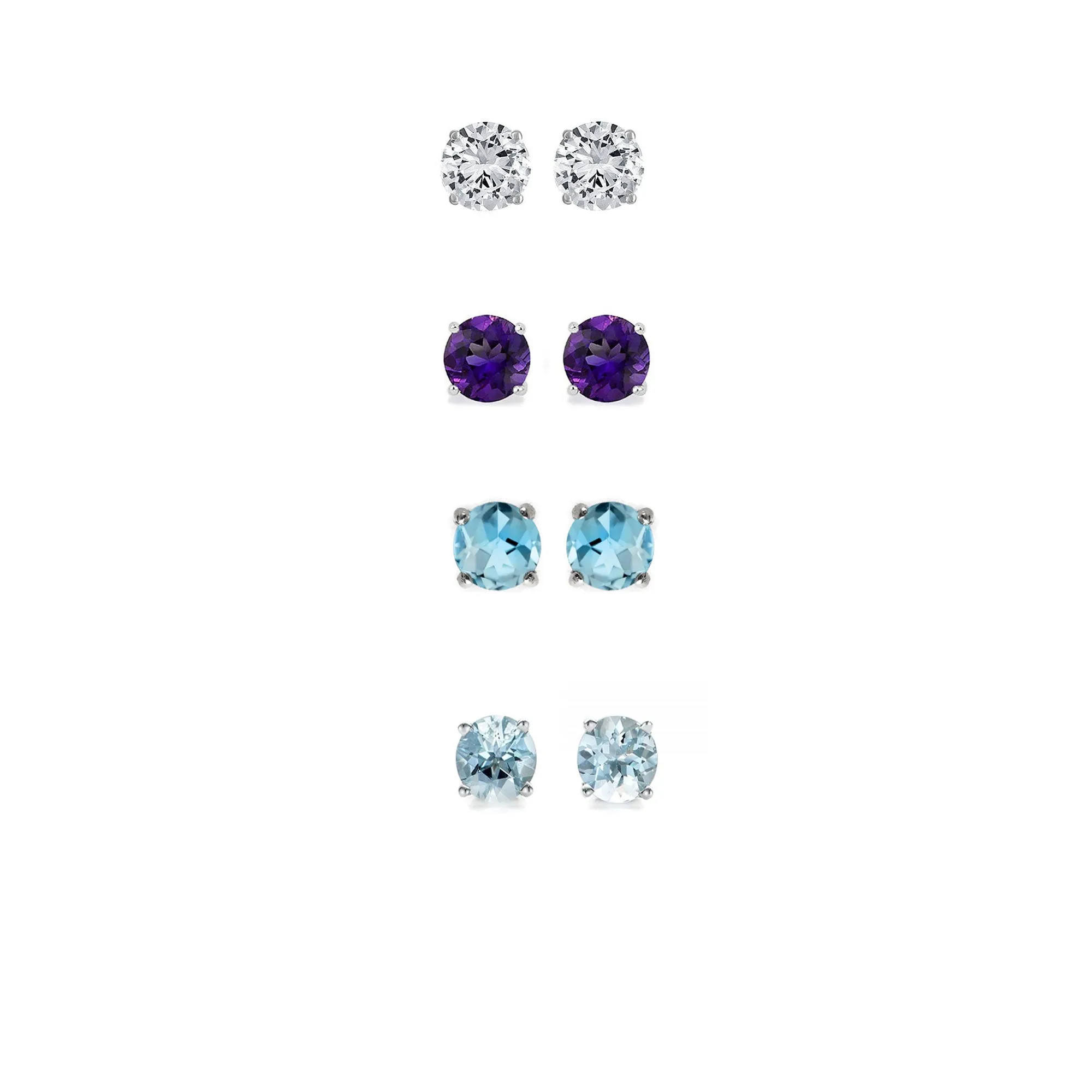 24k White Gold Plated 2Ct Created White Sapphire, Amethyst, Blue Topaz and Aquamarine 4 Pair Round Stud Earrings