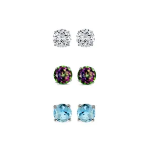 24k White Gold Plated 4Ct Created White Sapphire, Mystic Topaz and Blue Topaz 3 Pair Round Stud Earrings