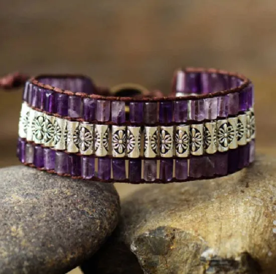 3 Row Amethyst Cuff Beaded Bracelet