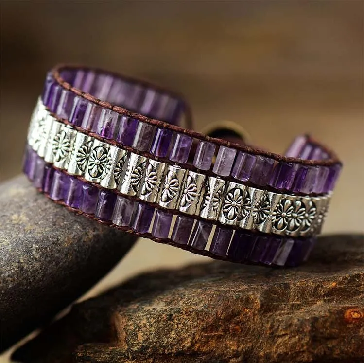 3 Row Amethyst Cuff Beaded Bracelet