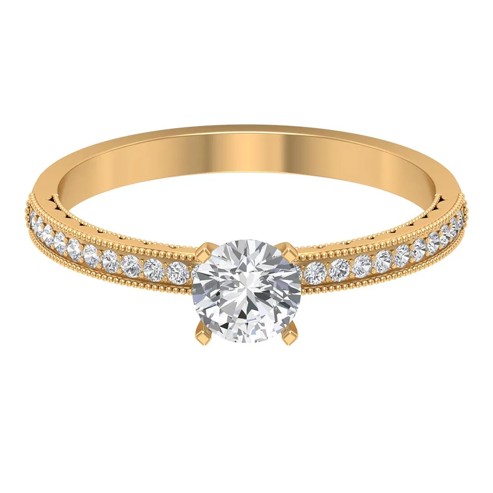 3/4 CT Solitaire Zircon Engagement Ring with Milgrain Gold Detail