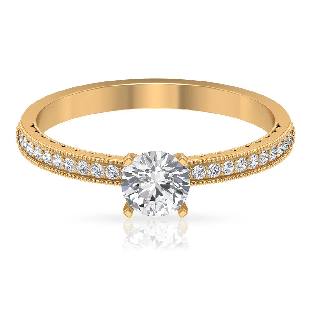 3/4 CT Solitaire Zircon Engagement Ring with Milgrain Gold Detail