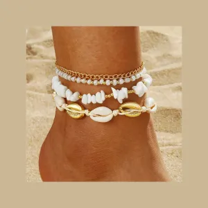 4pcs/Set White Small Pebble & Seashell Braided Anklet For Beach