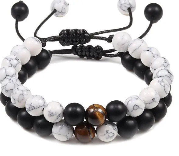 8mm Volcanic Lava Stone & Tiger Eye Beaded Elastic Bracelet Set