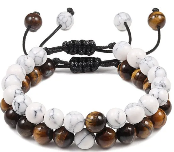 8mm Volcanic Lava Stone & Tiger Eye Beaded Elastic Bracelet Set