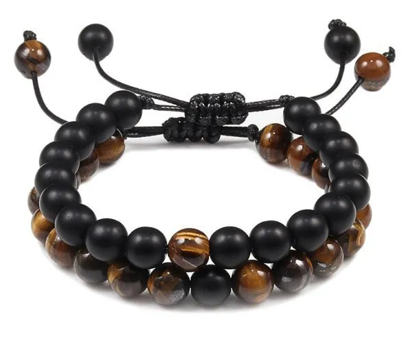 8mm Volcanic Lava Stone & Tiger Eye Beaded Elastic Bracelet Set