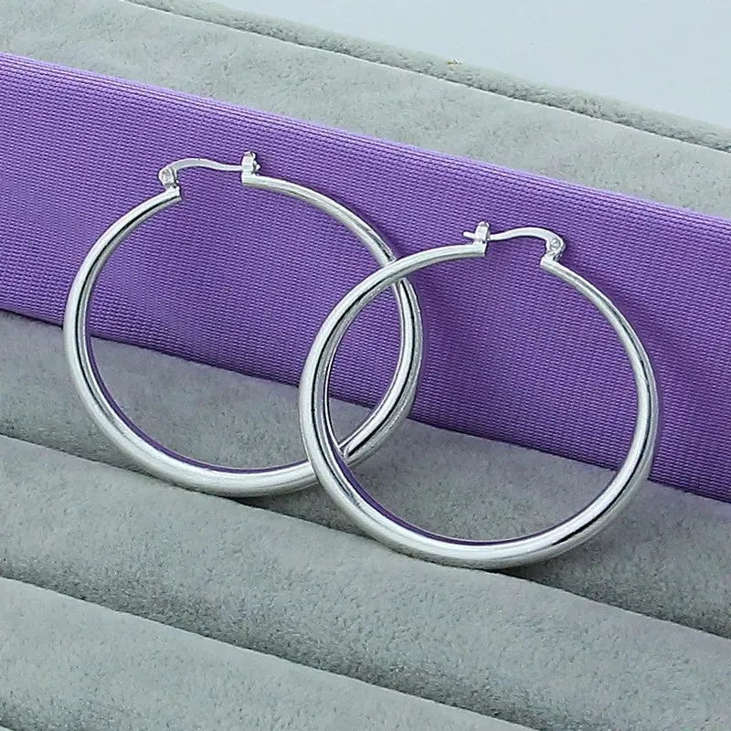 925 Sterling Silver Solid Smooth Circle 40mm Hoop Earrings for Woman Fashion Jewelry