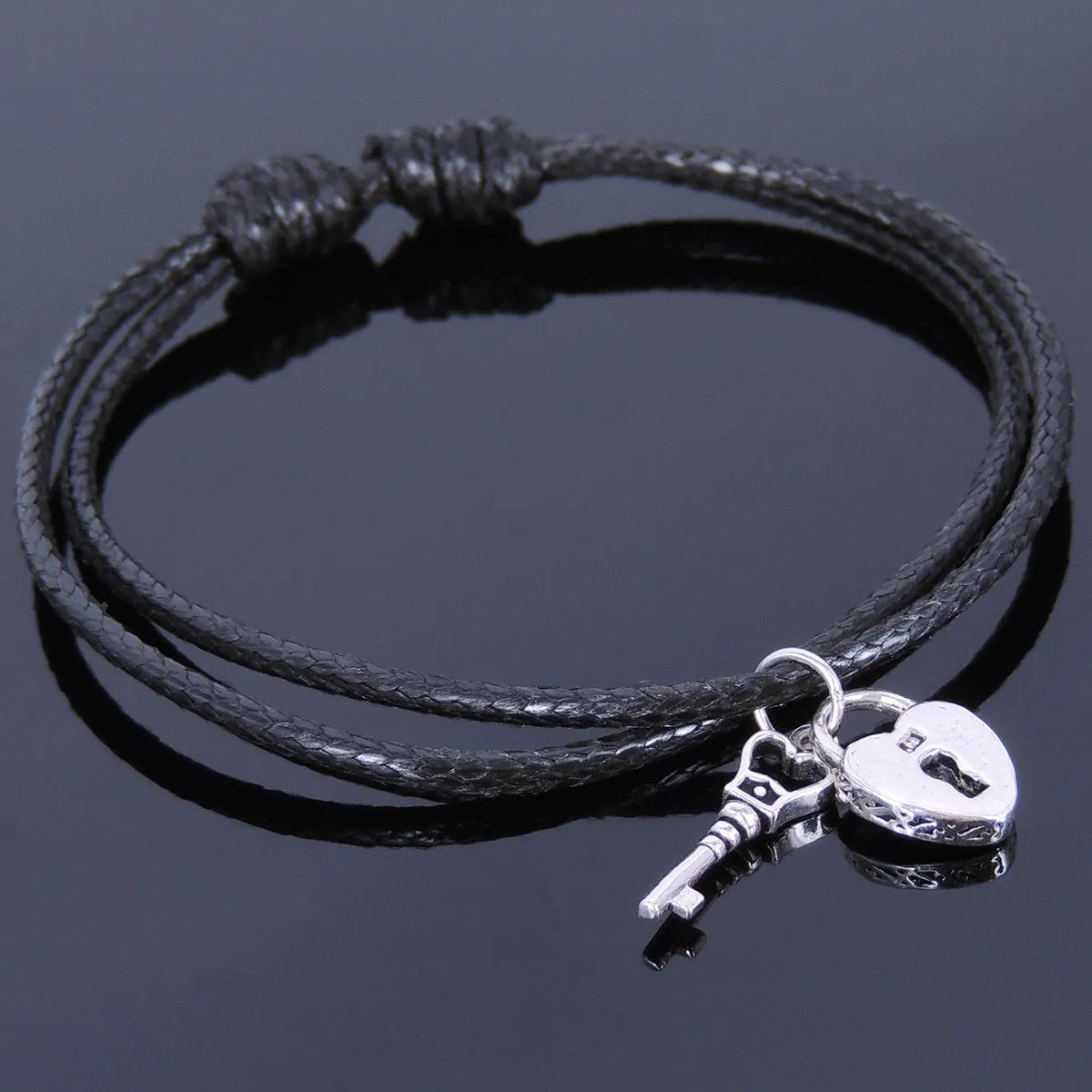 925 Sterling Silver Vintage Key To Heart Lock Pendant Handmade Adjustable Wax Rope Bracelet Men Women DiyNotion BR415