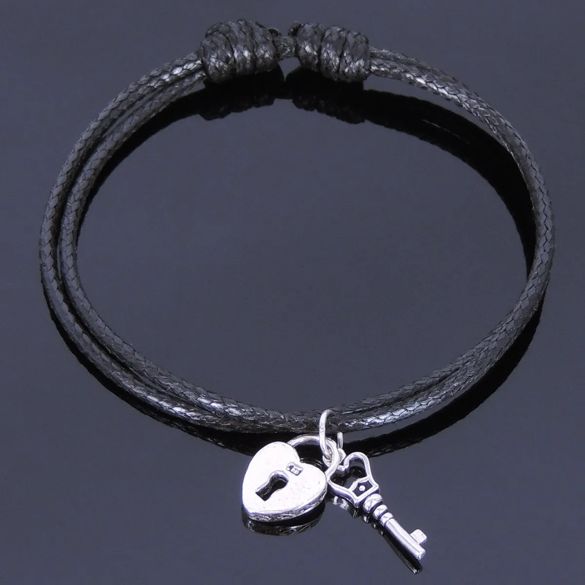 925 Sterling Silver Vintage Key To Heart Lock Pendant Handmade Adjustable Wax Rope Bracelet Men Women DiyNotion BR415