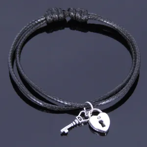 925 Sterling Silver Vintage Key To Heart Lock Pendant Handmade Adjustable Wax Rope Bracelet Men Women DiyNotion BR415