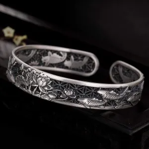 999 Silver Fish and Lotus Bangle Bracelet