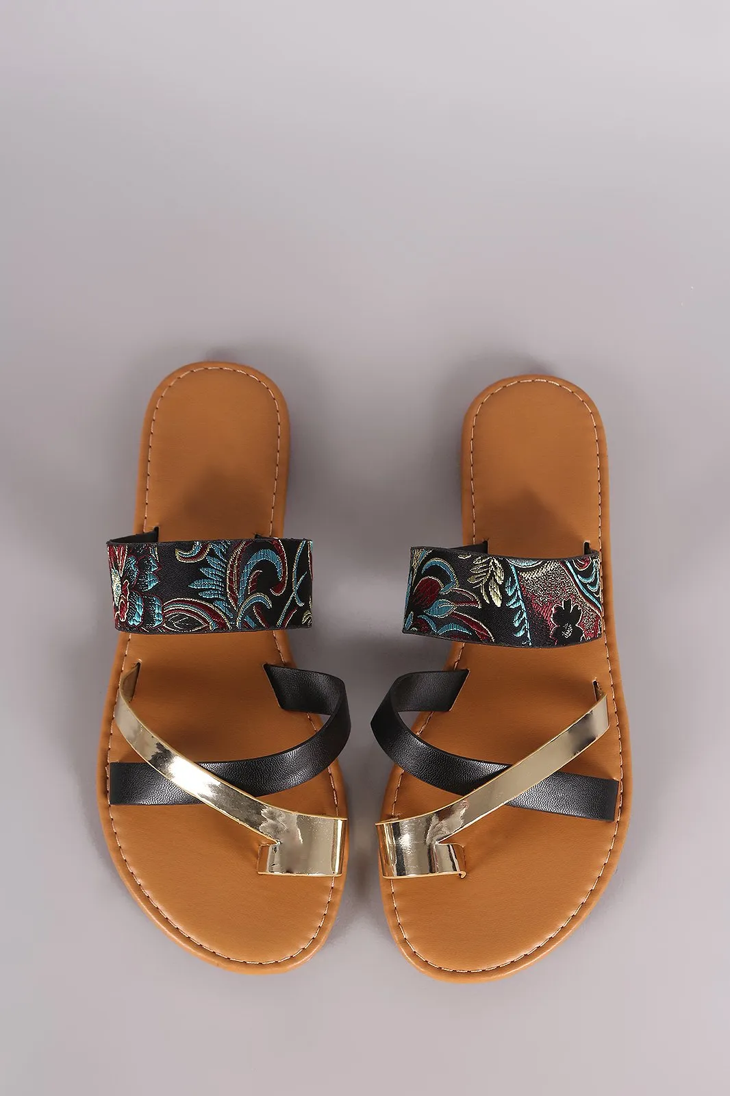 Bamboo Satin Embroidery Strappy Toe Ring Flat Slip On Sandal