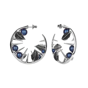 Blackthorn Leaf Hoop Earrings - Silver, Black Spinel & Black Pearl