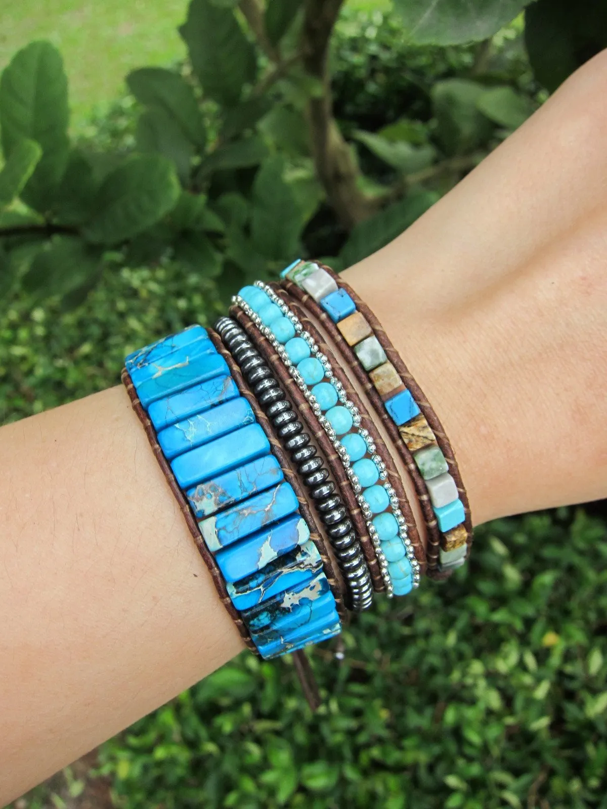 Blue Jasper Tubestone Leather Wrap Bracelet