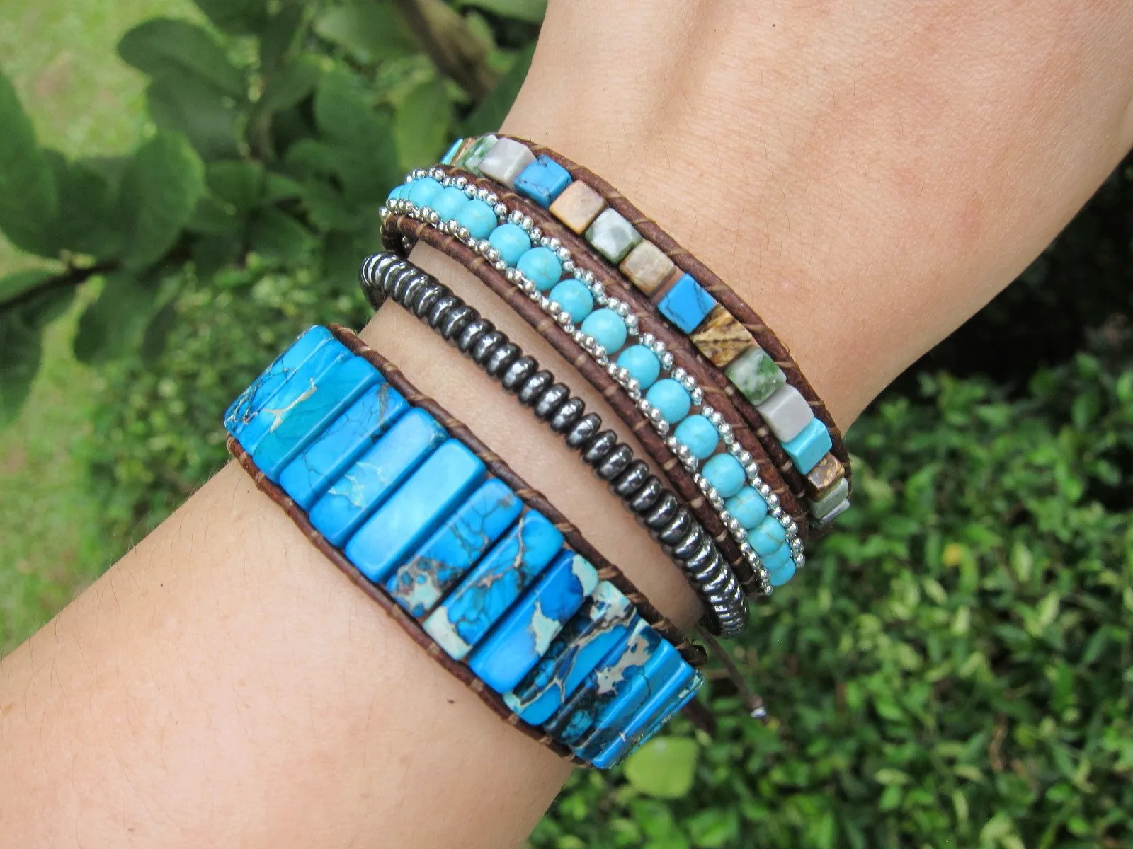 Blue Jasper Tubestone Leather Wrap Bracelet