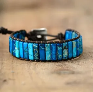 Blue Jasper Tubestone Leather Wrap Bracelet