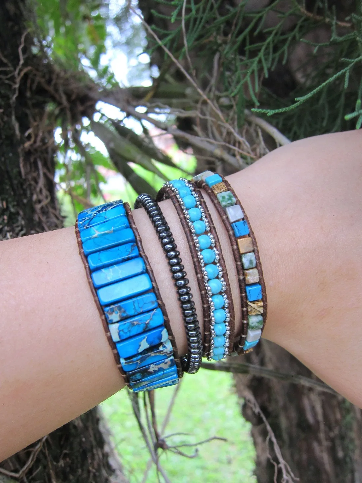 Blue Jasper Tubestone Leather Wrap Bracelet