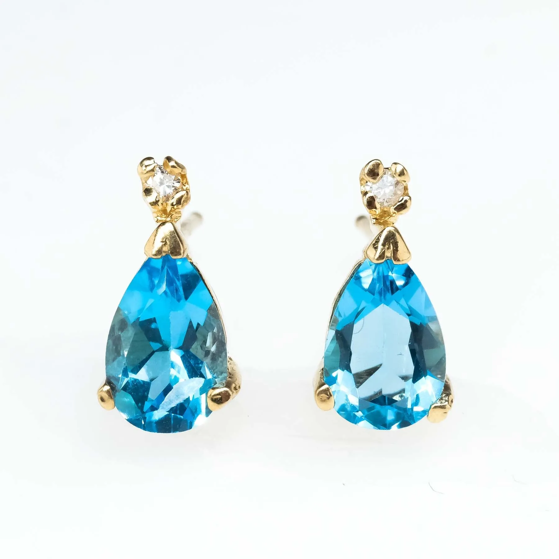 Blue Topaz and Diamond Drop Stud Earrings in 14K Yellow Gold